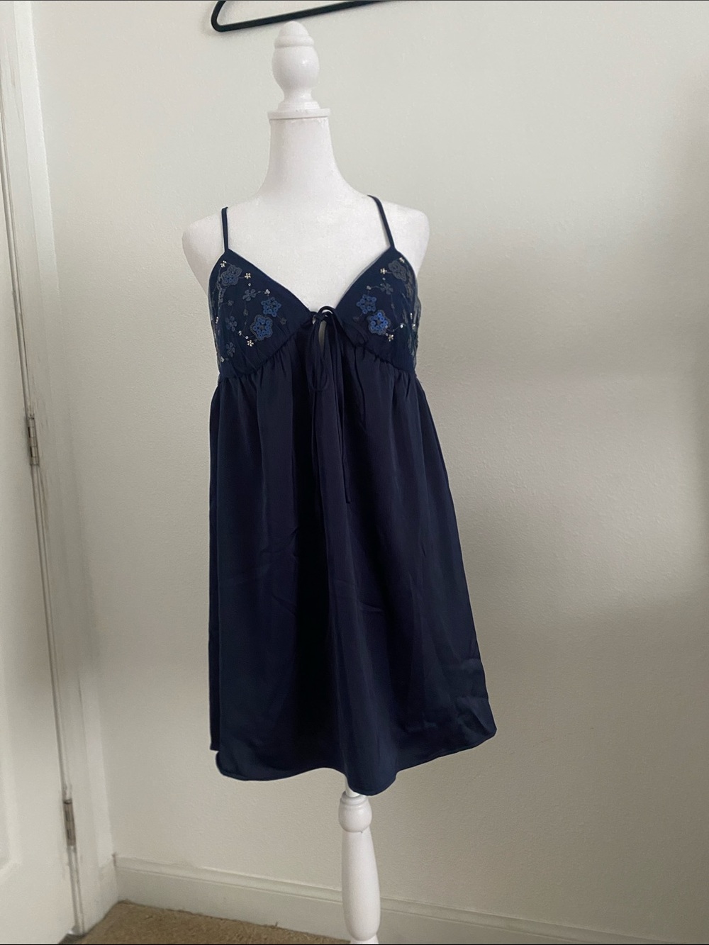 wild fable Navy Floral Satin Like Chemise with Embroidered Bust